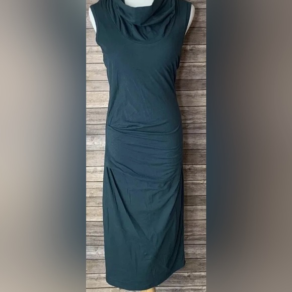 NWT Standard James Perse Cowl Neck Tuck Sleeveless Midi Dress in Midnight Green - Picture 4 of 11